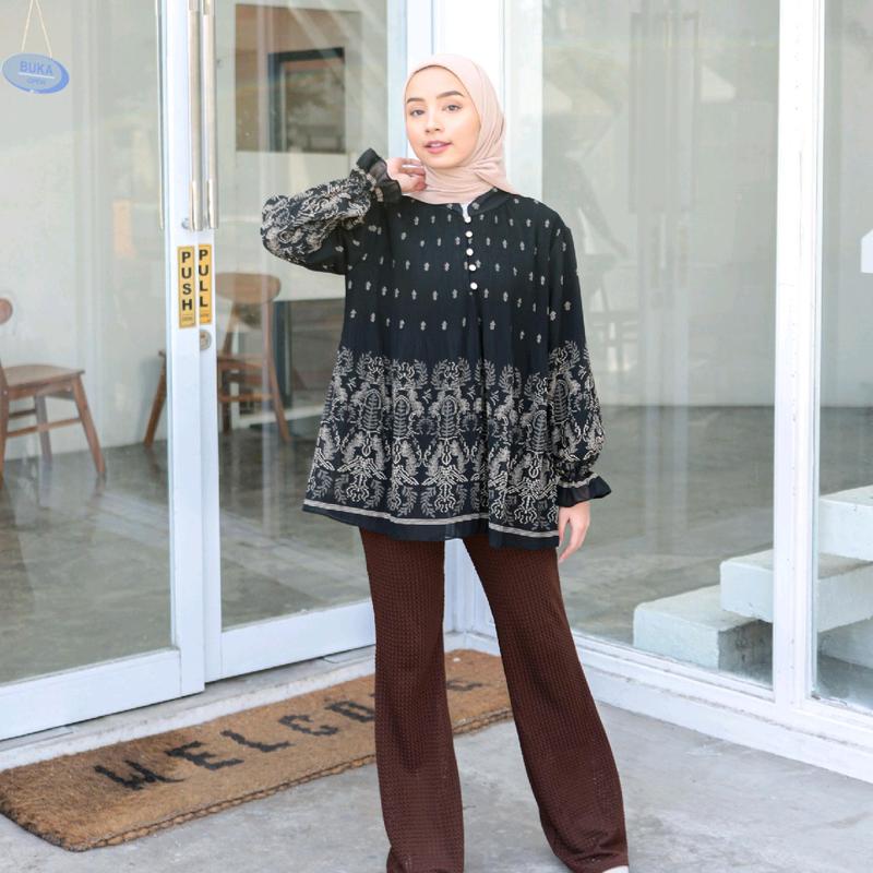 Meijiwang Top atasan Kemeja blouse wanita plisket motif ceruty korean style by meijiwang / Atasan Ceruty Motif Wanita Terbaru / Blouse Ceruty Plisket Panjang Dewasa etnik Busui 5