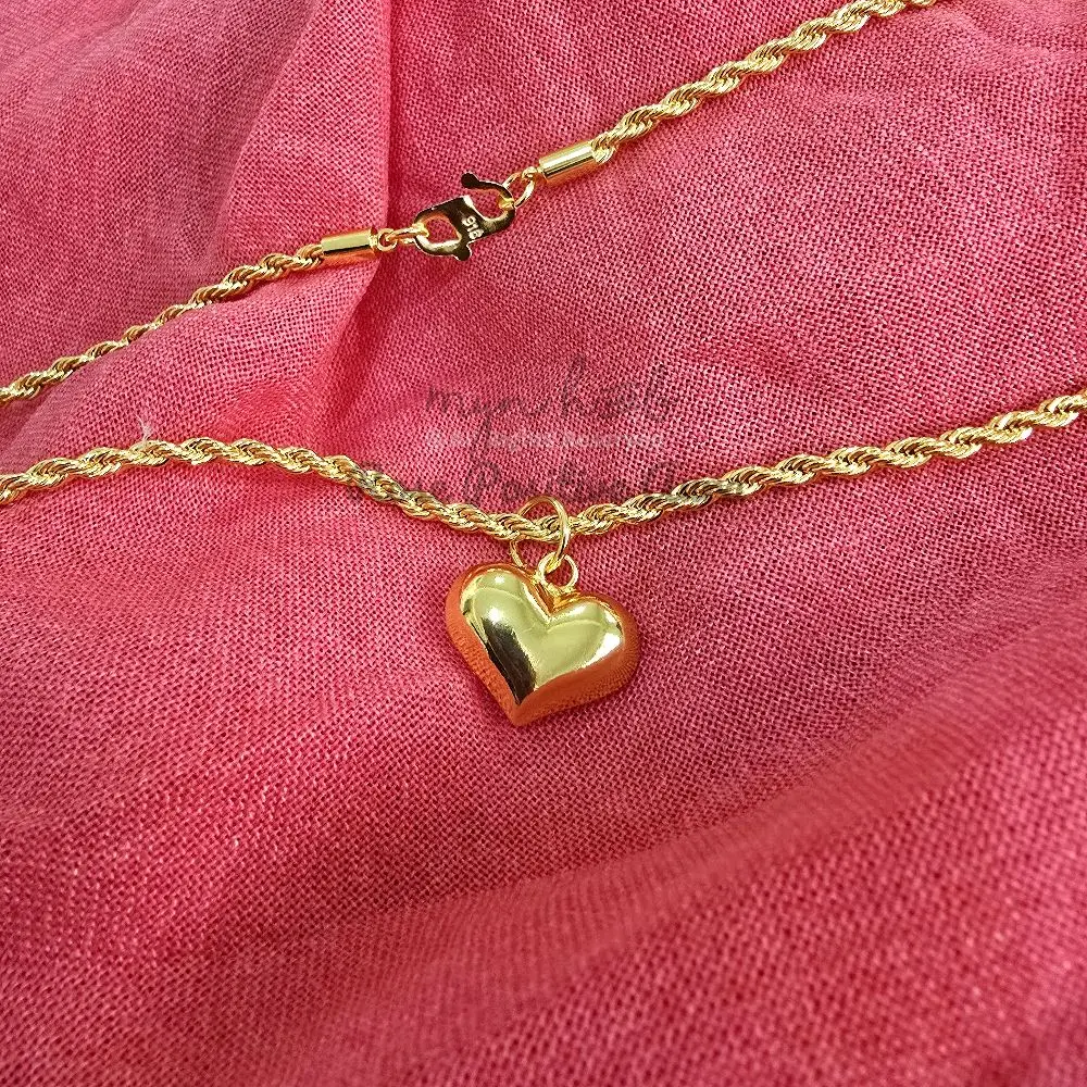 Necklace rope / rantai sabut 70cm with high polish heart pendant bangkok gold premium