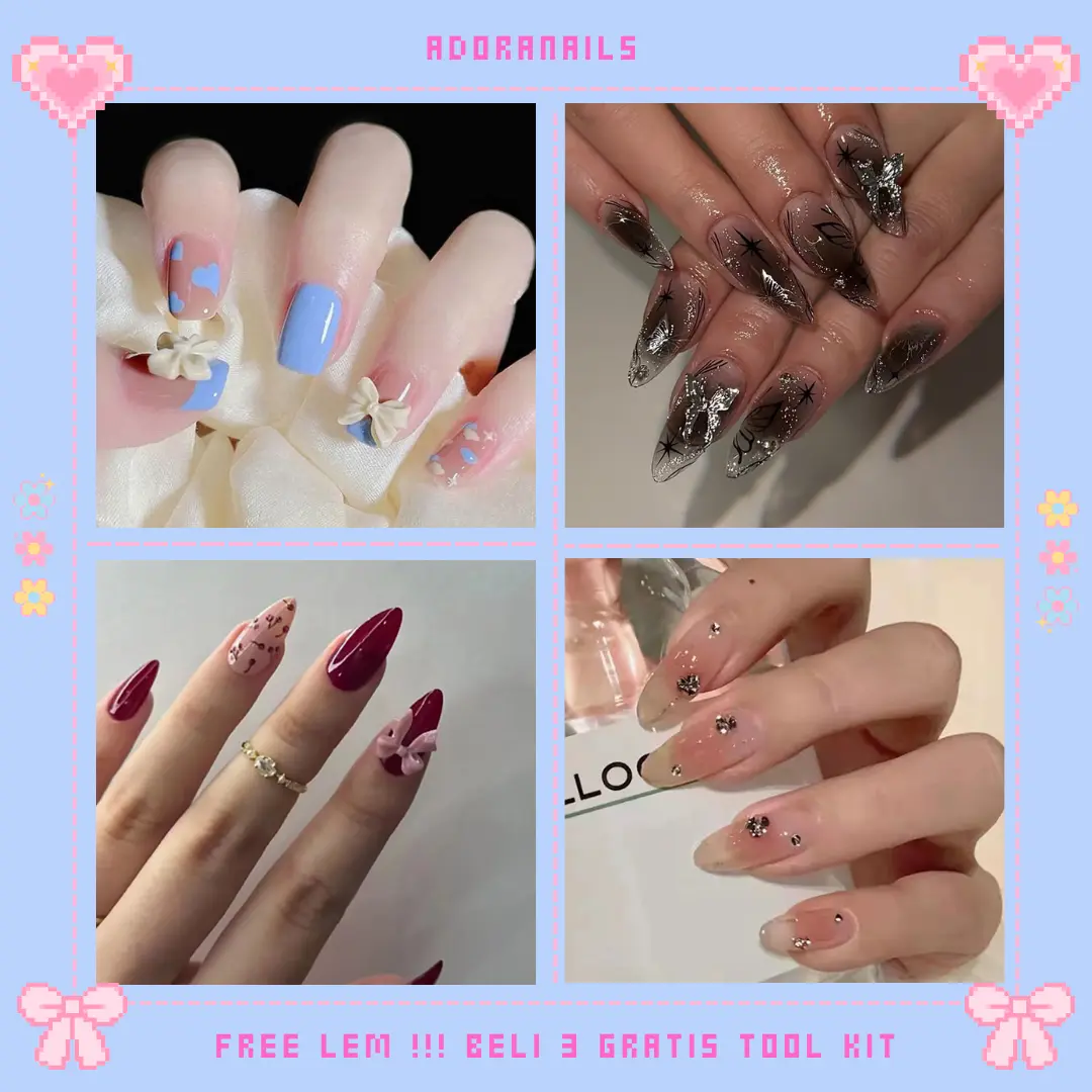 AdoraNails - [3D Part 1] Kuku Palsu / Fake Nail / Nail Art 24 pcs FREE Lem Cute Daily Y2K Almond untuk Wisuda / Wedding / Acara / Party Manicure Set Stainless Steel Polish Cat Kutek Elegant