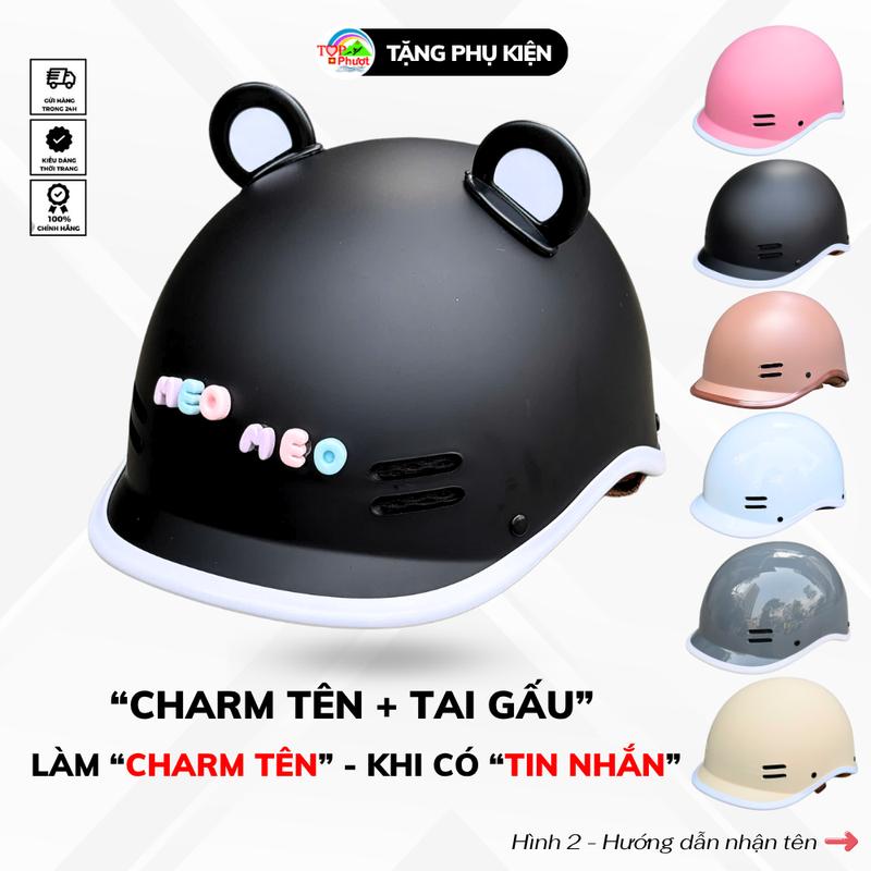 Nón bảo hiểm Cá Heo Màu Đen Nhám Viền Trắng Nam Nữ Cao Cấp Tặng Kèm Quà Tặng Tai Gấu Và Charm Tên Gắn Mũ Cute