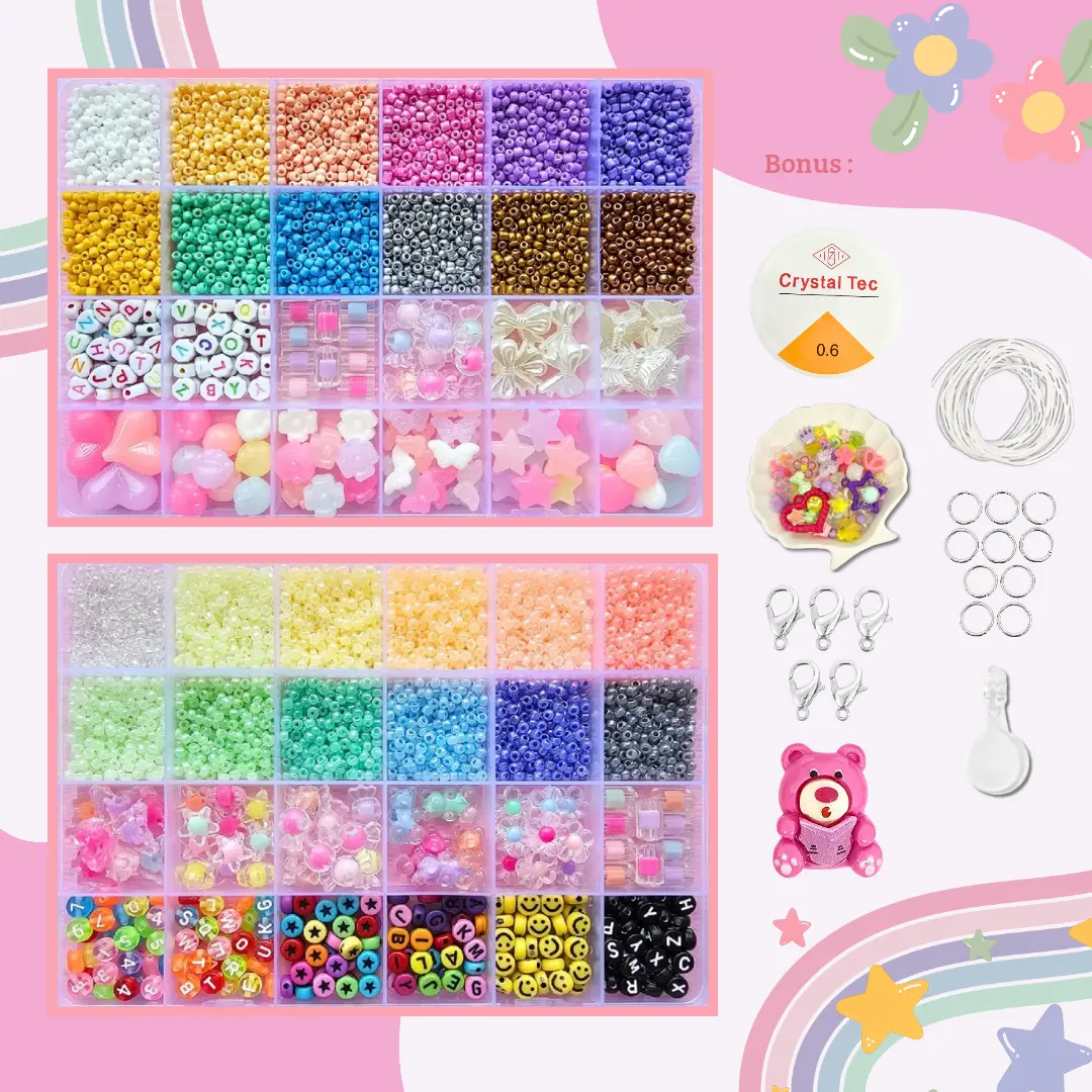 Manik Manik Pasir 1 Box - Manik2 Mote Payet Pasir Paket DIY (BONUS Benang Elastis + Tali Giok + Manik Random + Pengait Udang + Ring + Clay + Tempelan Clay) - SM003