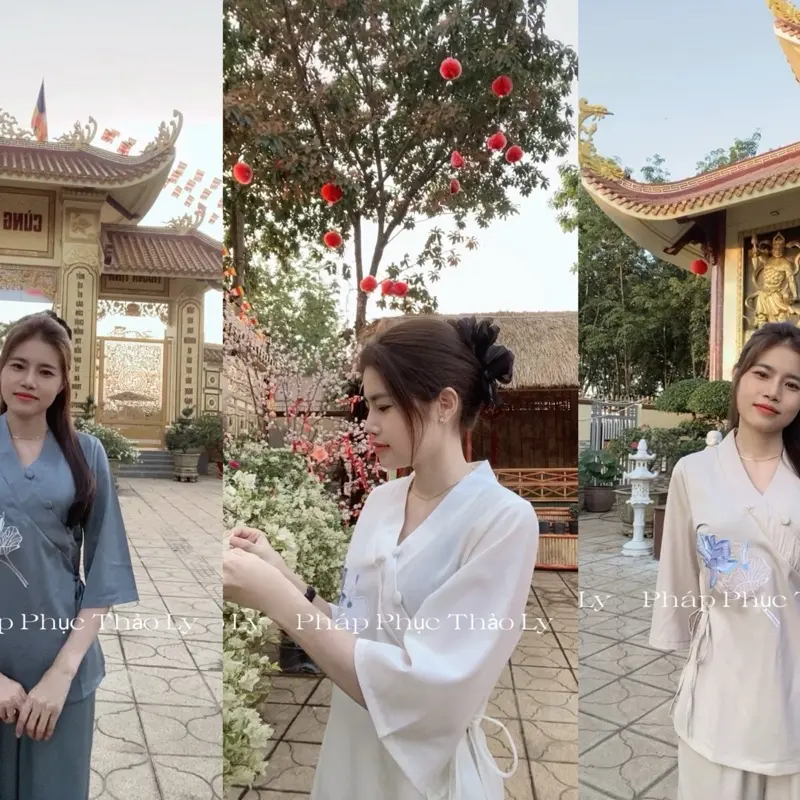 Set Pháp Phục Thêu Hoa Sen Thắt Dây Nơ Eo, đồ lam đi chùa,pháp phục đi chùa