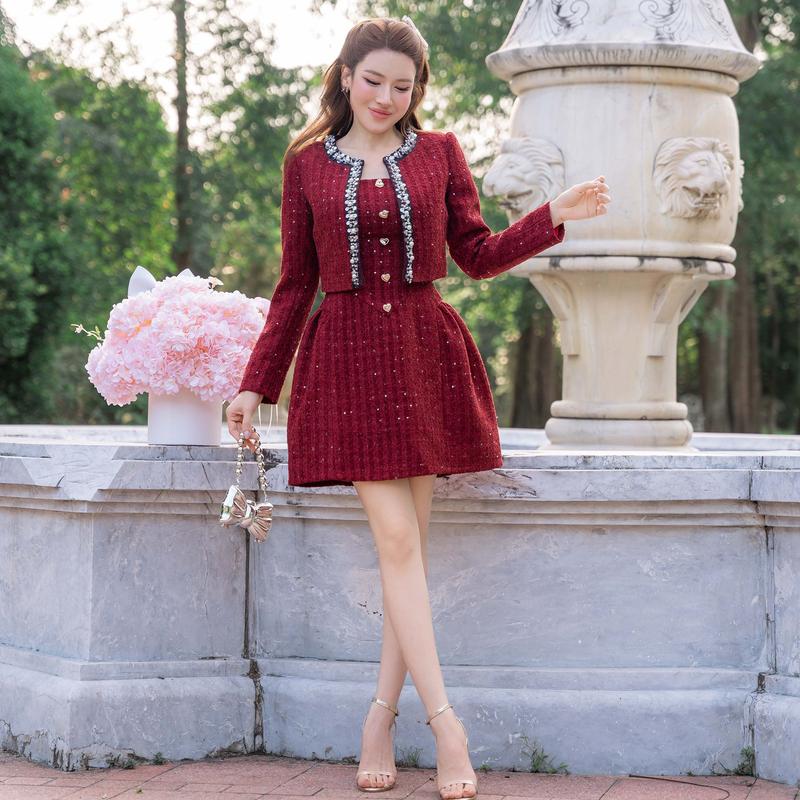 Kiều Linh -Set Váy Dự Tiệc Thiết Kế Áo Choàng KL811 chất liệu Dạ Tweed Ánh Kim Đường Viền Áo Kim Sa Chân Váy Xinh Xòe Nhẹ 2 Lớp Lót Giấu Đường May Kĩ