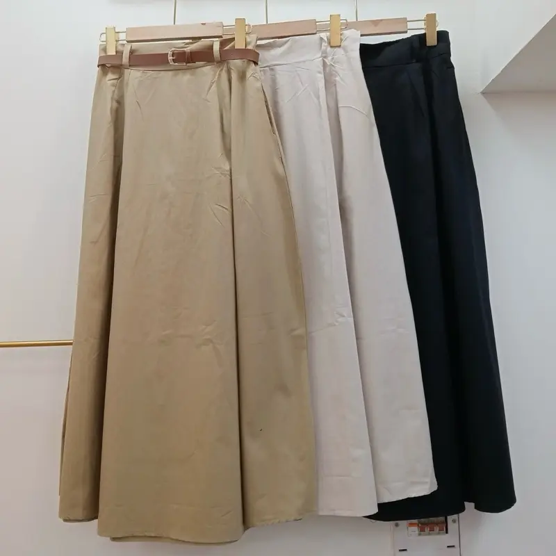 Rok Maxi Highwaist A-Line Wanita Katun Panjang Dengan Belt Sabuk - Casual, Cewek, Midi, Serut, Mini, Dewasa, bawahan 1