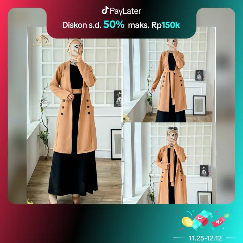 AG - Jisoo Blazer [Tanpa Dalaman] Wanita Long Outer Tali Ikat Pinggang Fashion Muslim Korean Style / 672-8479 0