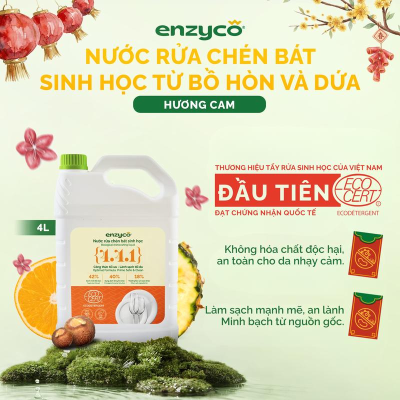 Nước rửa chén bát sinh học ENZYCO đạt Chứng nhận ECODETERGENT-ECOCERT từ Bồ Hòn và Dứa - Khử mùi tanh sạch dầu mỡ an toàn cho da nhạy cảm - Hương thơm từ Tinh Dầu Gừng Tinh dầu Cam Tự Nhiên 4L - Cùng Enzyco Dọn Nhà An Toàn - Đón Tết An Lành