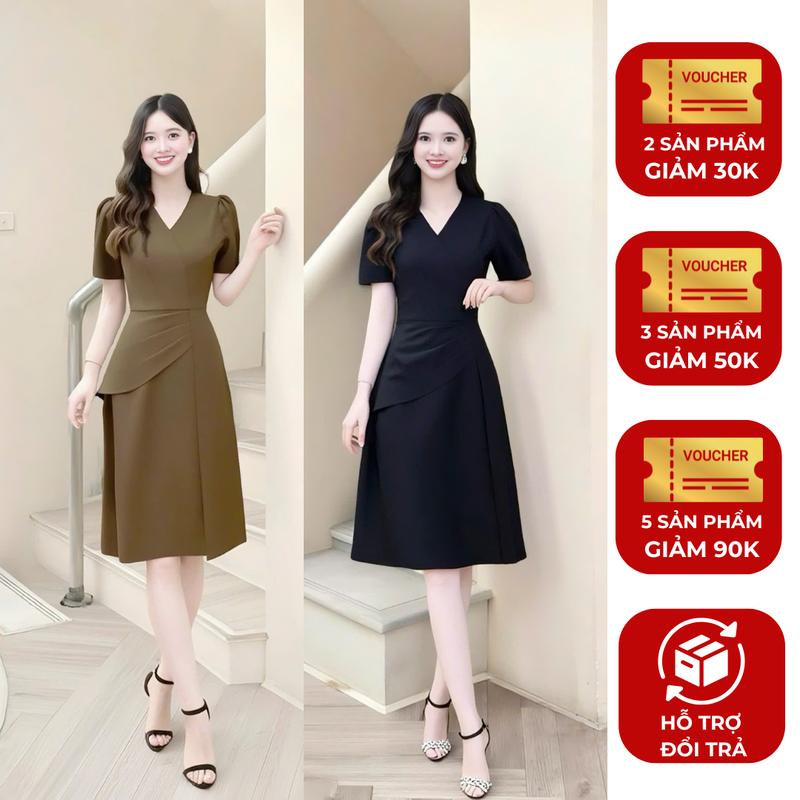  Đầm váy nữ thiết kế Nhật Vy cổ V tay ngắn dáng xoè bigsize chất lụa công sở văn phòng dự tiệc quà tặng vợ mẹ màu nâu đen - D3478 