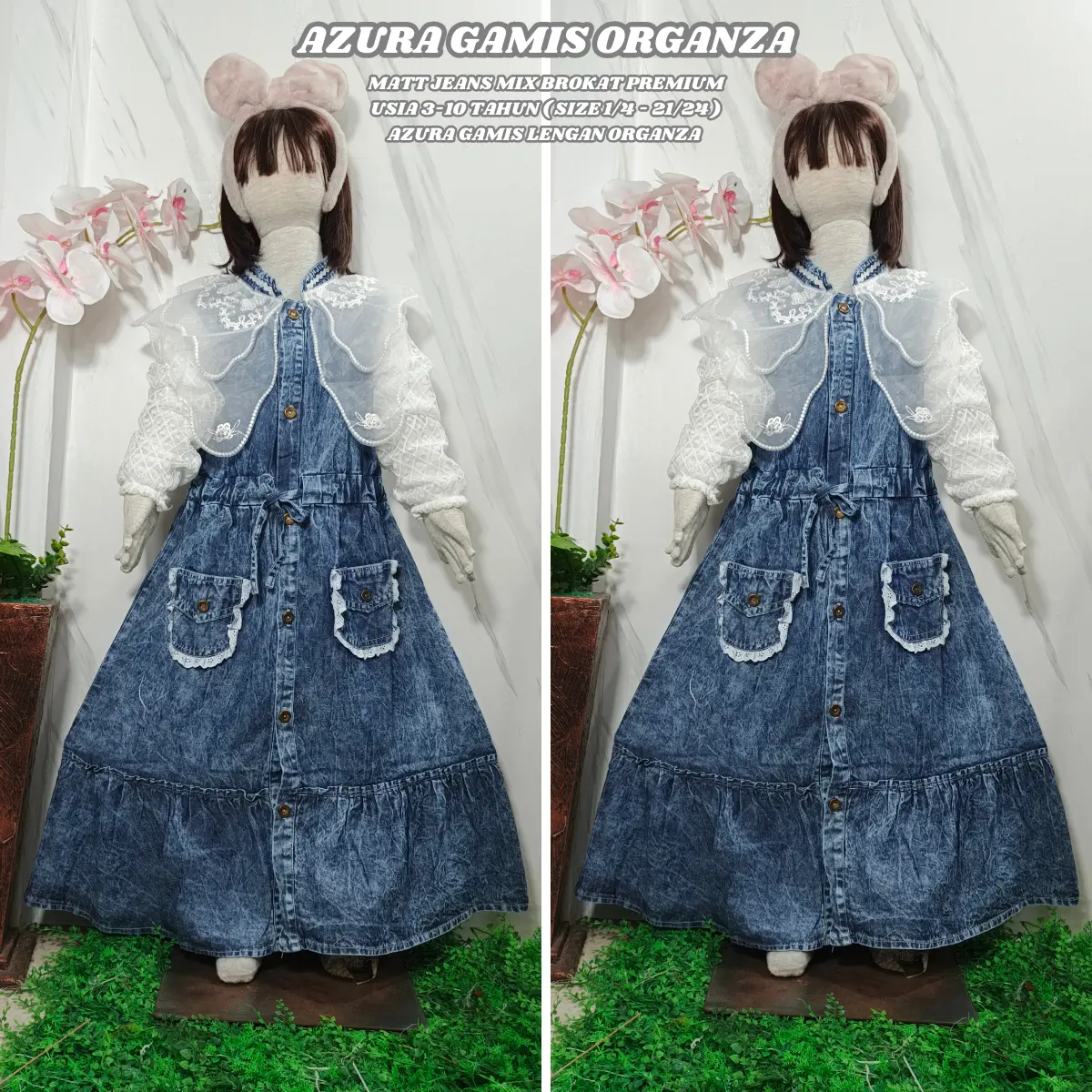 Gamis Anak Azura Organza Bahan Jeans Mix Organza - Trendy dan Kekinian - Usia 3-10 Tahun - Edisi Lebaran - COD