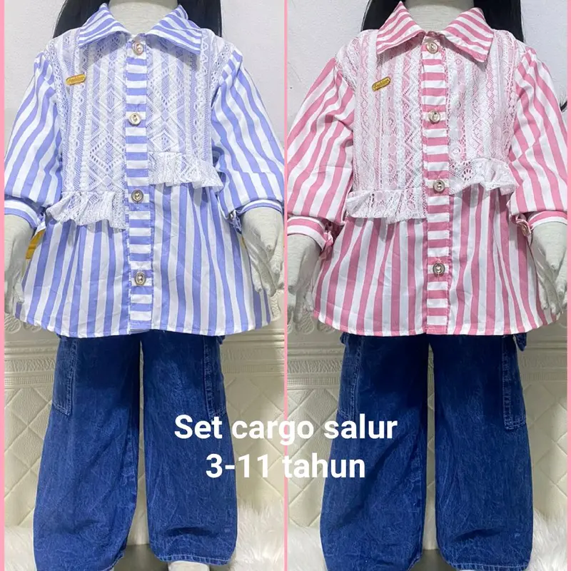 SETELAN KEMEJA SALUR KATUN CELANA JEANS ANAK PEREMPUAN USIA 3 TAHUN -12 TAHUN 0
