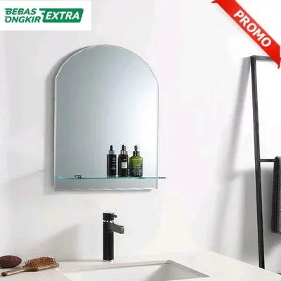 Cermin Kaca Dinding Atas Wastafel Toilet Kamar Mandi Dengan Ambalan Kaca Tempat Sabun 45x60 Cm - Silver ( Kualitas Tinggi )