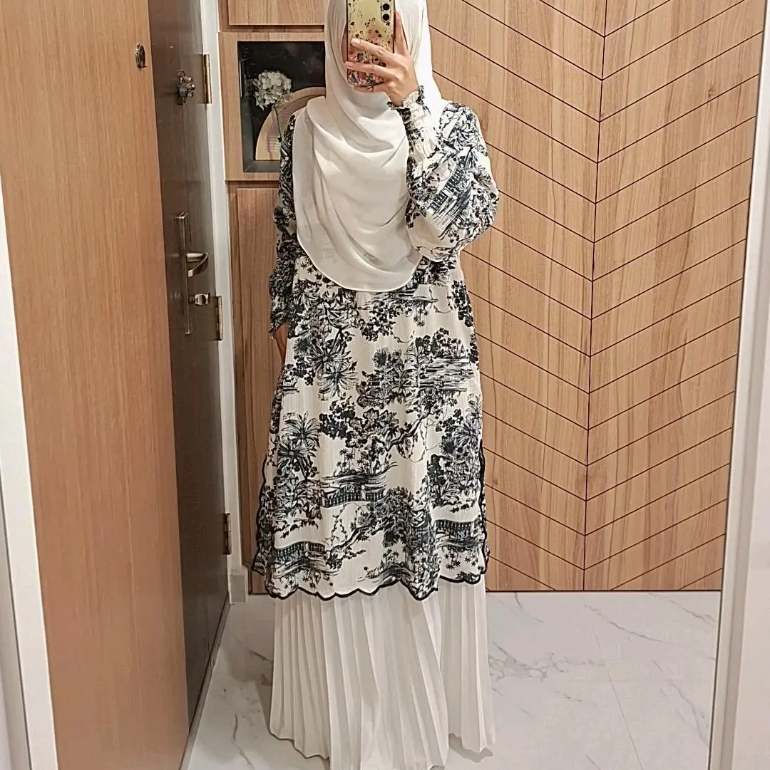 Azalea V2 Ironless Printed Sulam Long Tunik Nursing Zip  Square Crinkle Lightweight Material