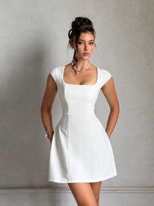 Vestido liso con escote cuadrado y acampanado para mujer, vestido corto elegante con manga abullonada para fiestas, vacaciones o invitada de boda, ropa de otoño para mujer