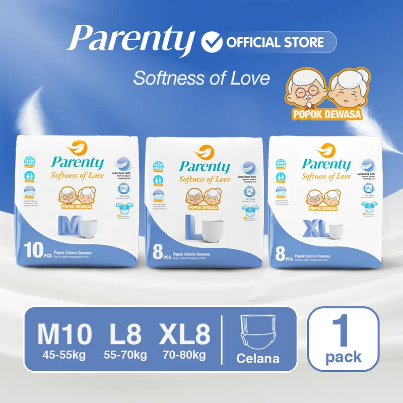 [1 PACK] PARENTY Adult Pants Soft Diapers Middle Flow Size M10/L8/XL8 - Kemasan Baru Popok Celana Dewasa Lembut Menyerap Cepat Popok orang tua