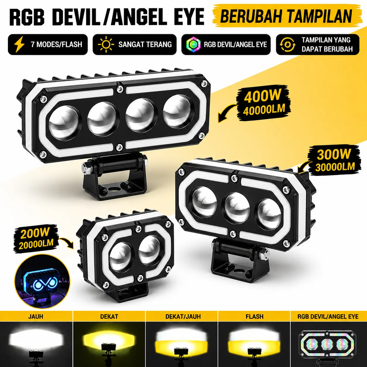 Lampu Tembak Sorot LED 2 3 4 Mata 200W-400W 7 Mode RGB Nightingale Biru IP68