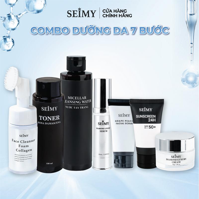 Combo Dưỡng Da Seimy Chăm Sóc Da 7 Bước Nước Tẩy Trang, Sữa Rửa Mặt, Tẩy Tế Bào Da Chết Mặt, Toner, Serum Dưỡng, Kem Dưỡng Đêm, Kem Chống Nắng