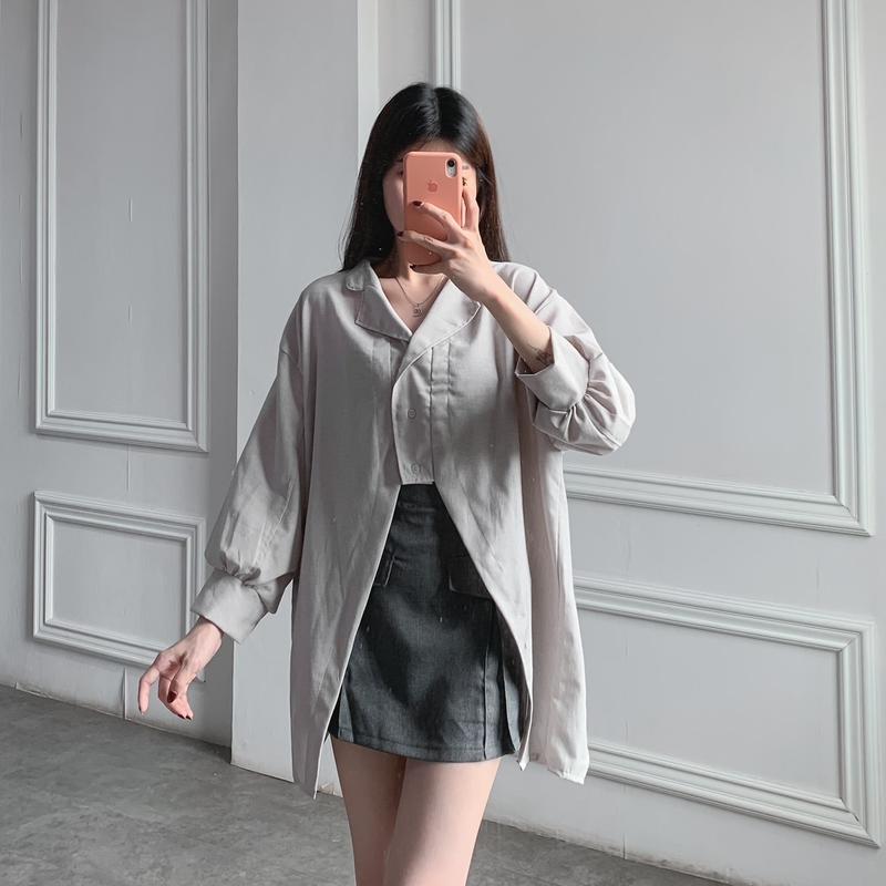 (Posy) Atasan Wanita Plain Hoppy Blouse Bahan Katun Denim Kemeja Polos Wanita Kancing 6