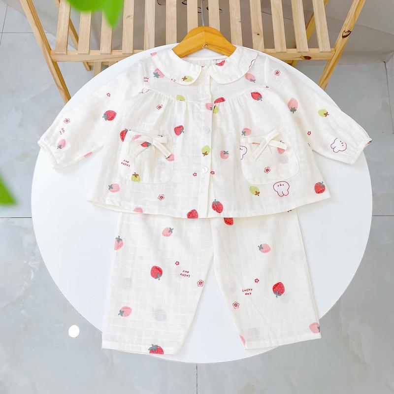 Pijama cho bé gái dài tay xô cotton Áo Lá Homewear A166, bộ dài tay bé gái babydoll mặc ngủ vải xô đũi mát bốn mùa