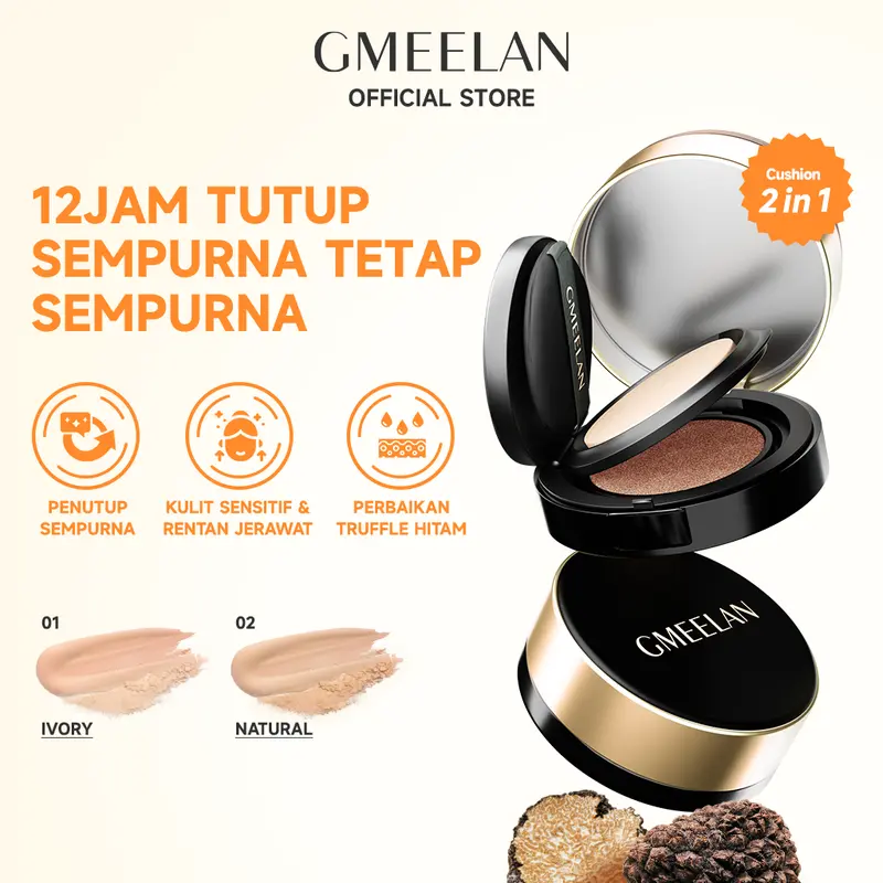 GMEELAN Black Truffle PCA Zinc Antioksidan Air Cushion 7g+10g High Coverage Cushion Dengan Kandungan Skincare Mencegah Kekusaman Dan Kulit Kering Sepanjang Concealer Foundation Wajah Extract Mencerahkan Lasting Compact Bedak Padat 0