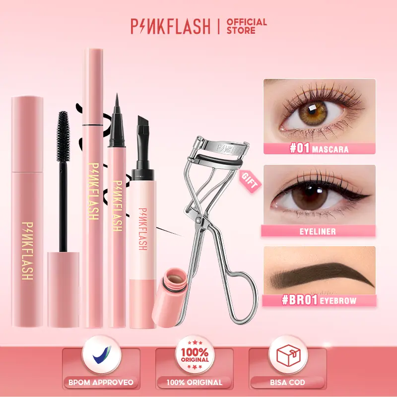 PINKFLASH Eyes Makeup Set Lengthen Mascara + Tahan air Eyeliner + Eyebrow Pomade Cream
