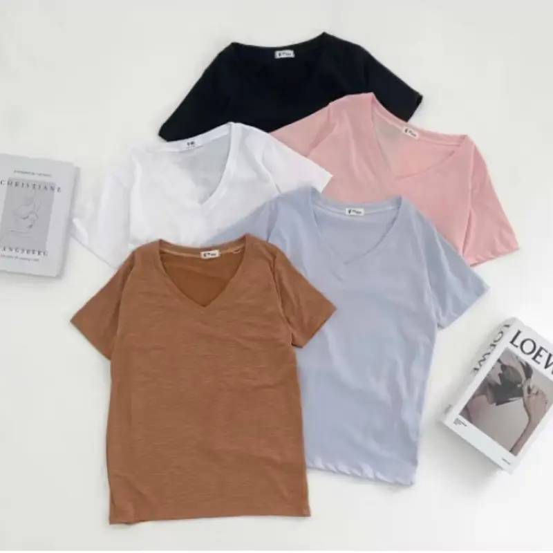 Combo 5 áo thun trơn nữ cổ tim chất mềm mịn