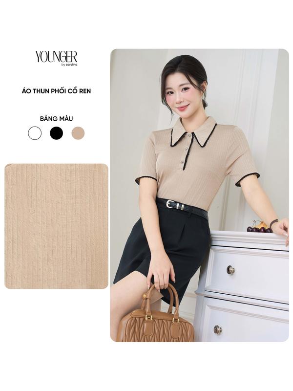  Áo thun nữ YOUNGER BY CARDINA vải thun cotton cổ và tay áo phối ren  5YATC19 