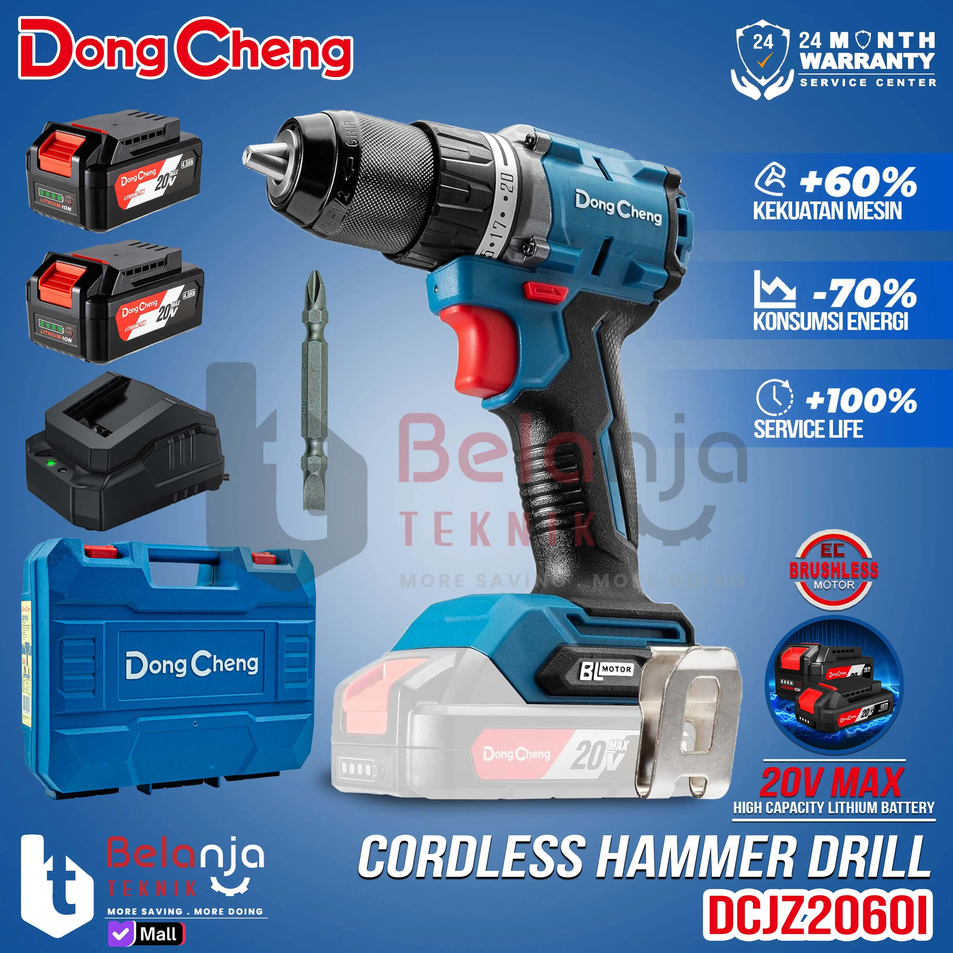 DongCheng DCJZ2060i EM Cordless Hammer Impact Drill 20V Bor Tembok Baterai DCJZ 2060i DCJZ2060iEM Teknologi Brushless Torsi Maksimal 60N.M Pengaturan Torsi 20-2 Max Torque 60NM