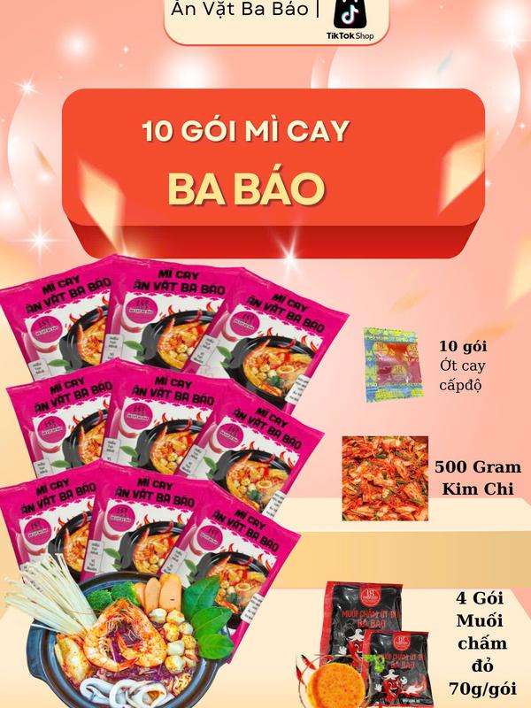 Combo 10 Gói Mì Cay Ăn Vặt Ba Báo Cốt Pha Sẵn Hương Vị Chuẩn Quán Kèm Ớt Độ, 4 Muối Chấm đỏ, 500g Kim Chi