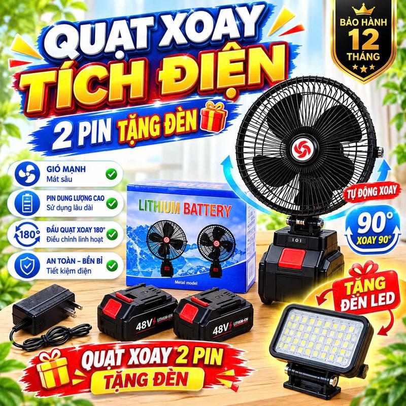 Combo quạt tích điện xoay 2 pin 10cell - Quạt có túp năng xoay, 2 nấc gió tiện lợi - Tặng đèn 35 LED siêu hời