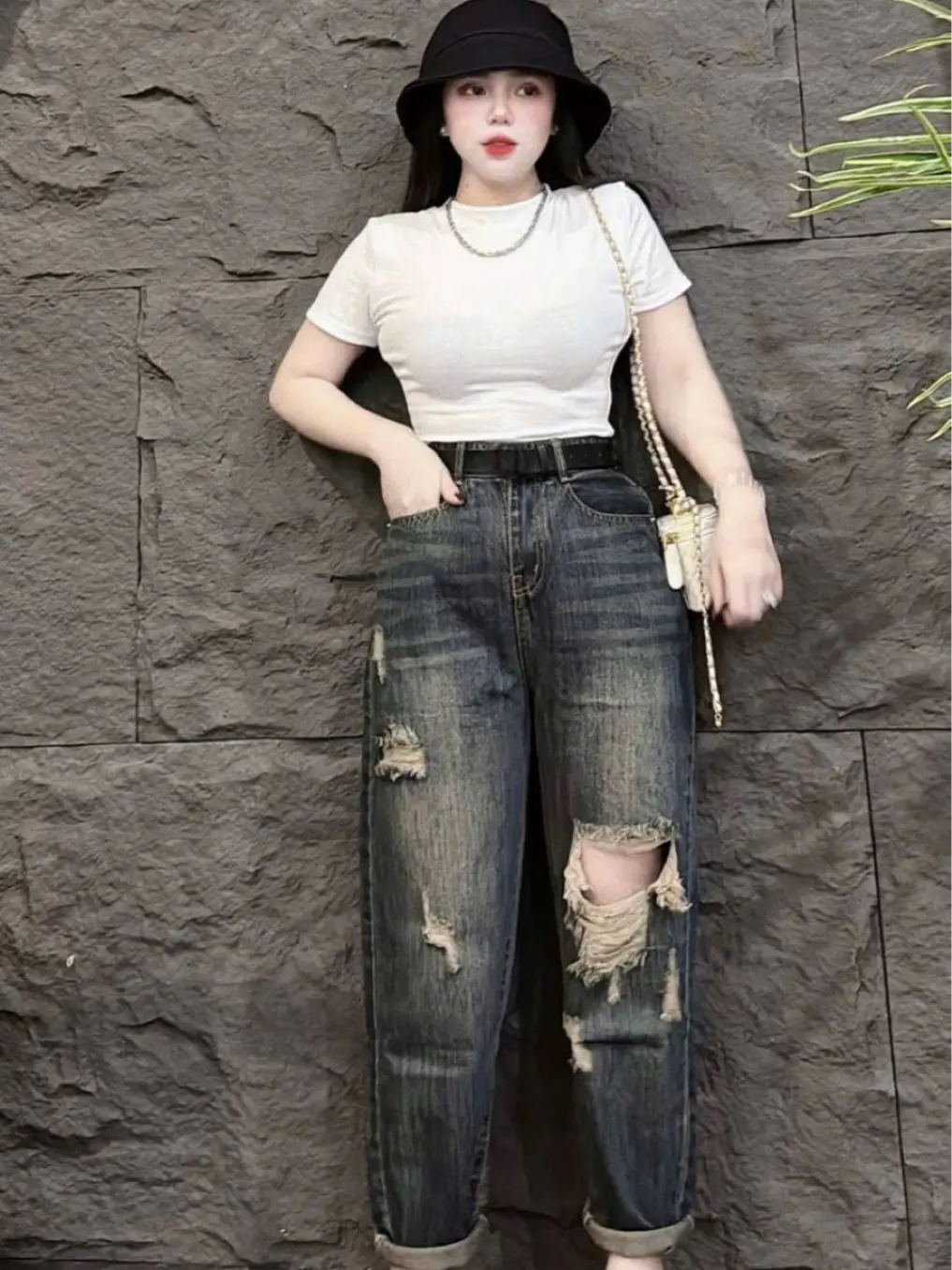 [LSN]Quần Jean Baggy Nữ Lưng Chun Rách Gối 1801 - 1802 Pants Women Denim