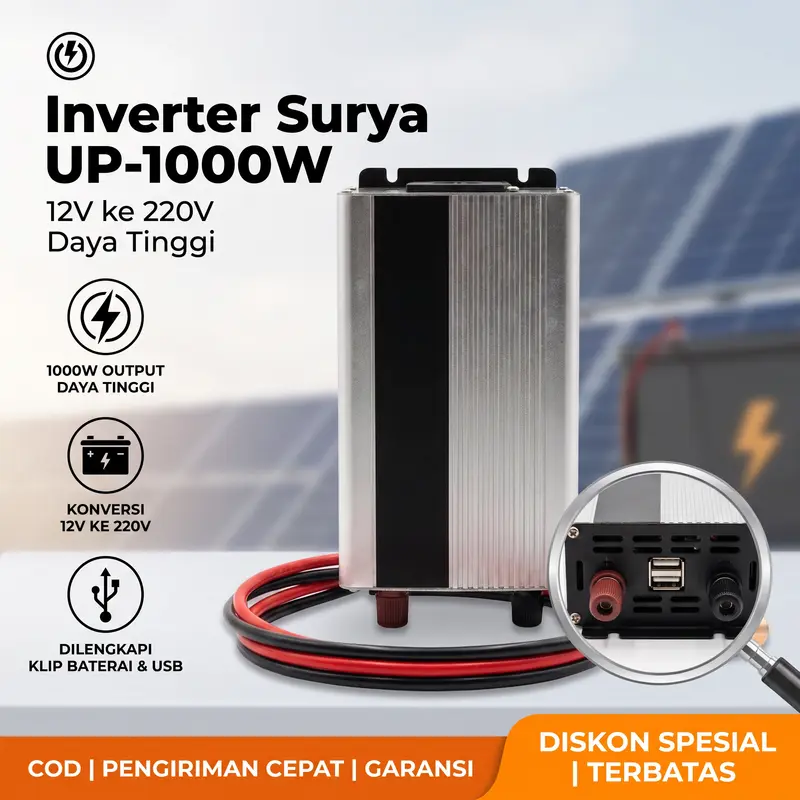 Inverter Daya Mobil 1000W untuk Perjalanan Luar Ruangan Konverter DC 12V ke AC 220V dengan Port USB dan Penjepit Baterai