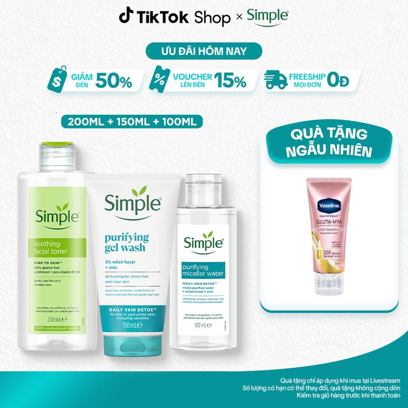 Combo 3 Skincare Simple Sữa Rửa Mặt Simple Kiềm Dầu Giảm Mụn 150ml + Nước Tẩy Trang 100ml Sạch Sâu Ẩm Mịn + Nước Hoa Hồng Làm Dịu & Cân Bằng Da 200ml