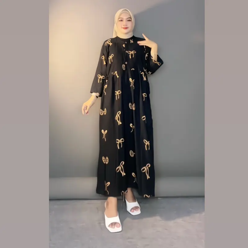Daster Pita Queena Lengan 7/8 Motif Pita  Panjang 115cm Busui Frendly Kancing Rayon Dress