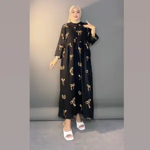 Daster Pita Queena Lengan 7/8 Motif Pita  Panjang 115cm Busui Frendly Kancing Rayon Dress