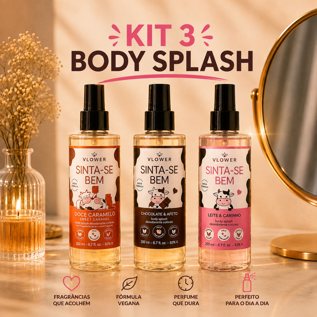 Kit 3 Body Splash Feminino Sinta-se Bem 200ml Cada Unidade Fragrâncias Doce Caramelo Leite & Carinho Chocolate & Afeto Suave e Doce