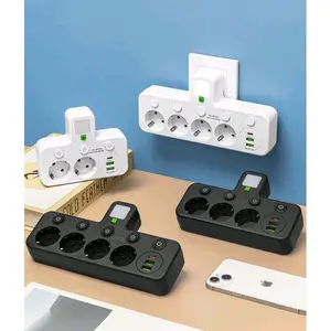 Stop Kontak LED Light USB Type C 2500W 10A 220V Strip Daya Steker EU 3/4 lubang AC 2 Port USB 1 Port Tipe C, Adaptor Soket Steker 6 / 7-in-1 Pengisi Daya Dinding Tanpa Kabel colokan 5 plug estetik terminal Peralatan Socket