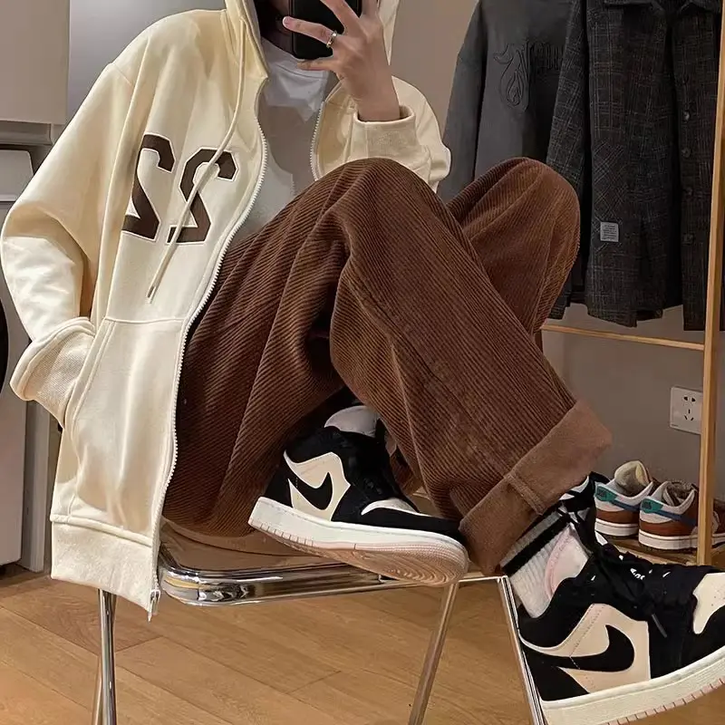 Celana cargo corduroy pria celana panjang gombrang pria unisex casual celana celana korduroi celana olahraga lurus pria celana kasual lebar longgar pria