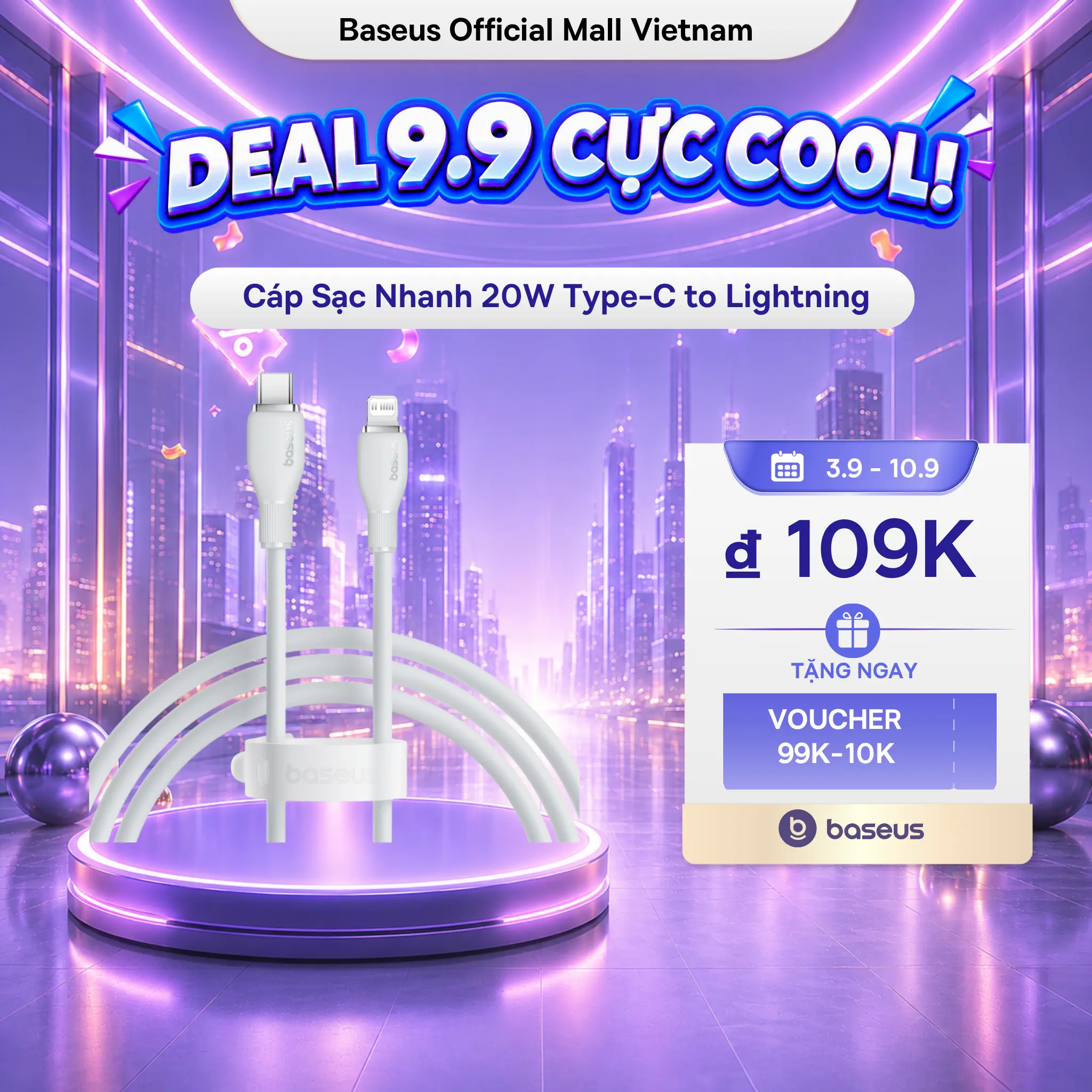 Cáp Sạc Nhanh Baseus 20W  Type-C to Lightning – IP, Sạc 50% trong 30 phút