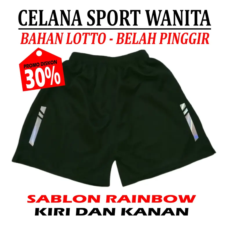 Celana Pendek Sport Olahraga Wanita Bahan Lotto Belah Pinggir Sablon Warna Rainbow 1