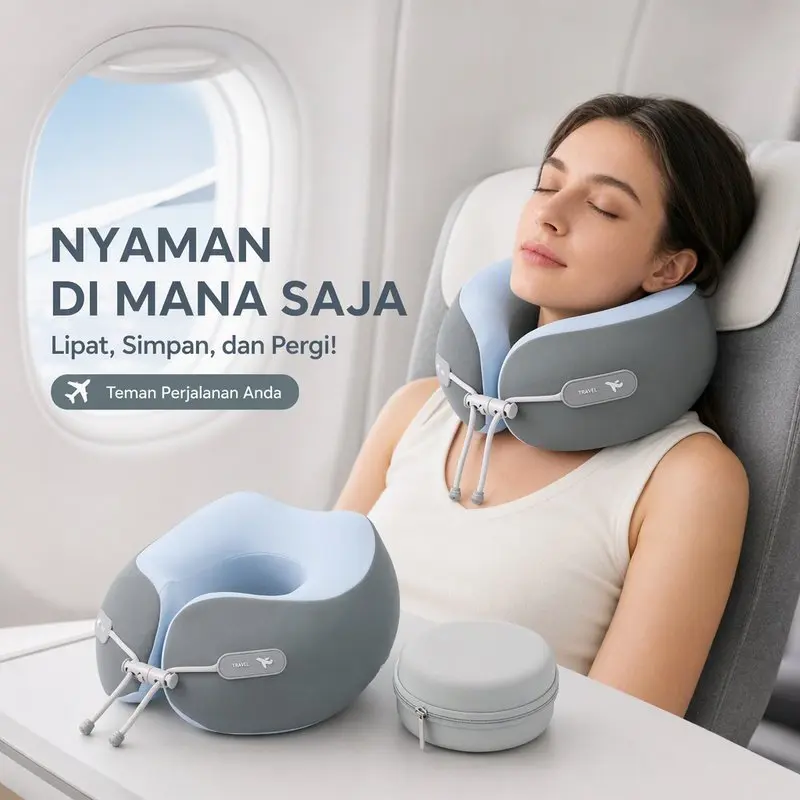 Bantal Leher U Shape Busa Memori Crystal Velour Foldable Dengan Kasing EVA Travel Pillow Untuk Pesawat Mobil Ukuran 26 22 13 CM