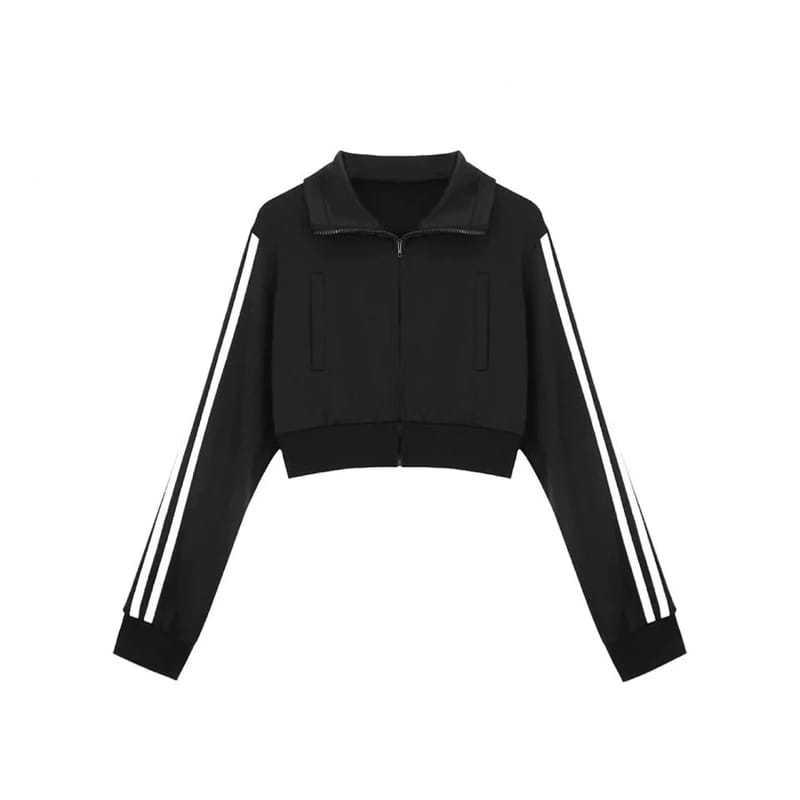 Jaket Crop Wanita - Stand Collar Jaket Vintage Crooped Korean Style Kekinian 5