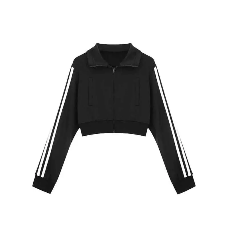 Jaket Crop Wanita - Stand Collar Jaket Vintage Crooped Korean Style Kekinian 5