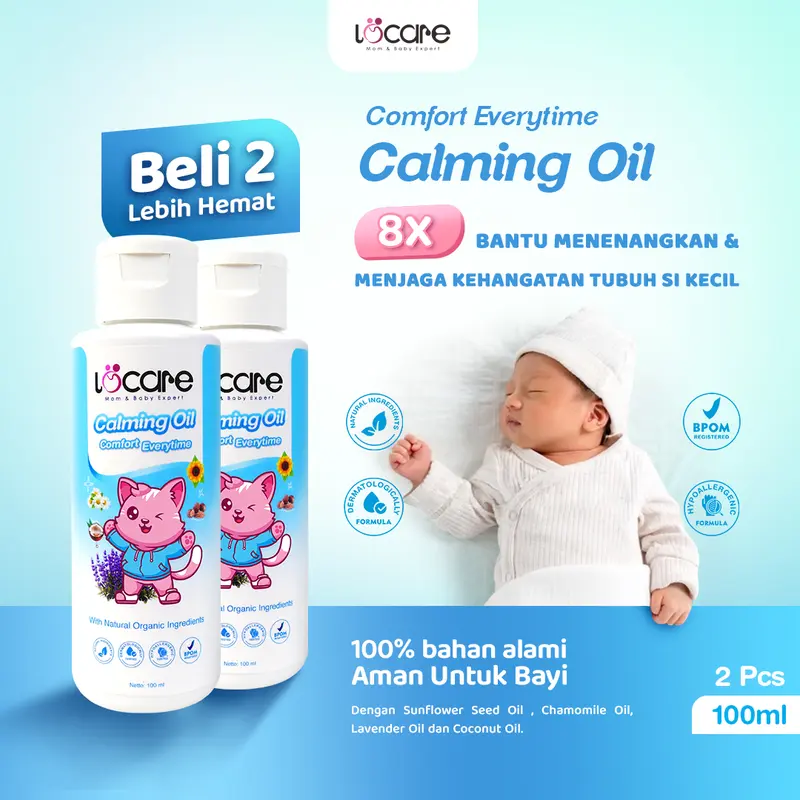 LOCARE CALMING OIL 100ml 2 PCS Untuk Baby Bayi Newborn dan ANAK HINGGA 7 TAHUN - MENENANGKAN - MELINDUNGI DARI NYAMUK - TIDUR NYENYAK - Mengurangi GATAL dan RUAM POPOK - Hangat Nyaman Untuk Si Kecil 0