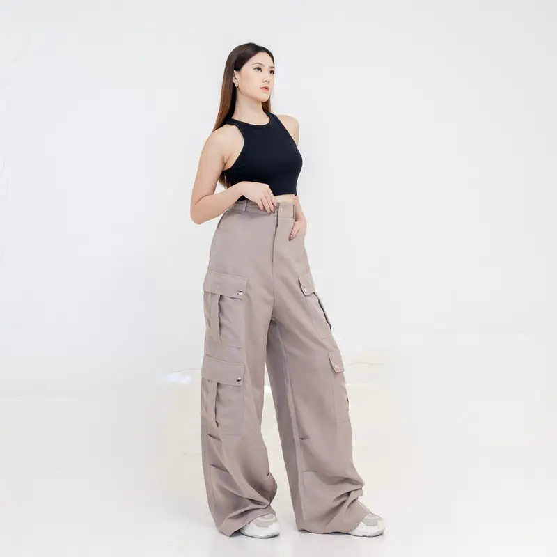 Georgios Women | Aline Pants Vol 2 | Celana Panjang Cargo Korean Wanita Kekinian High Waist Casual Cewek Dewasa Hitam Loose Karet Baggy 7