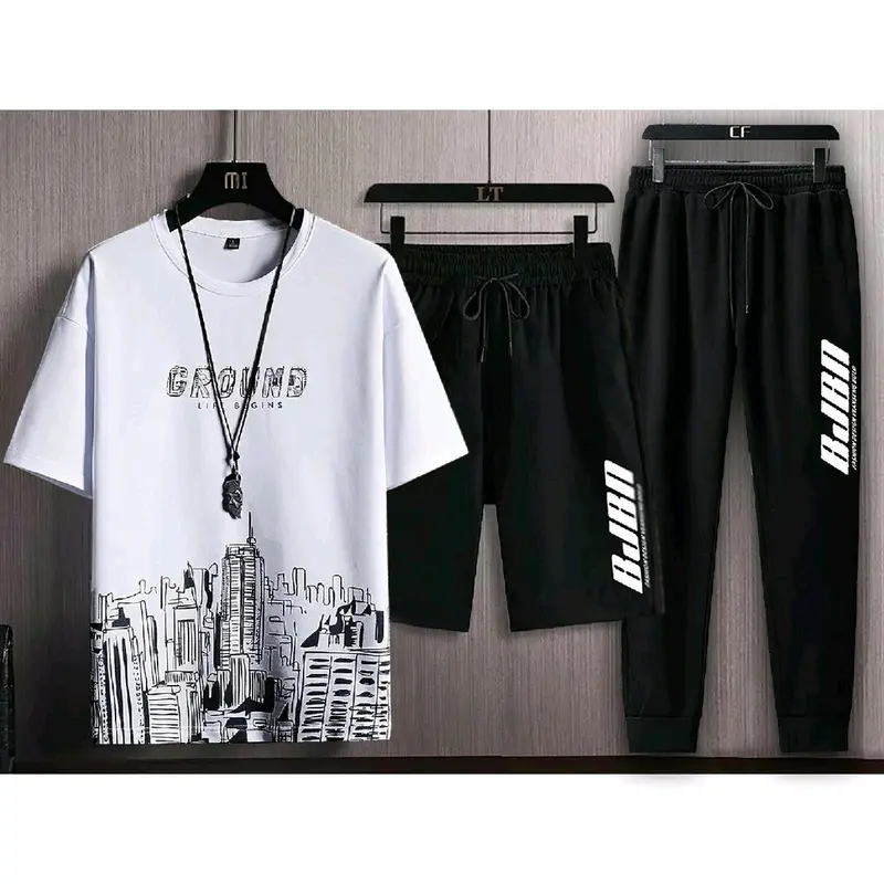 Bisa Cod/kaos distro cowok/Setelan 3 In Begins - Setelan Atasan Kaos Pria/1 set outfit cowok Celana Panjang 1