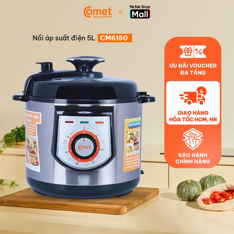 Nồi áp suất điện 5L COMET CM6150 - 6 chế độ nấu tiện lợi, chống dính, công suất 900W, bảo hành 12 tháng, 1 Đổi 1 30 ngày