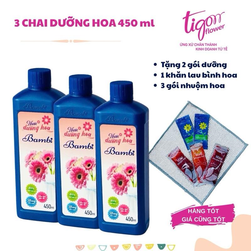  COMBO 3 CHAI NƯỚC DƯỠNG HOA BAMBI 450ML giúp hoa tươi lâu không hôi nước không cần thay nước  tặng kèm 3 gói nhuộm 2 gói dưỡng 1 khăn lau bình hoa  