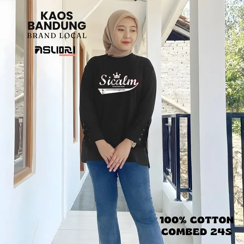 baju atasan wanita longsleeve jumbo wanita tangan kancing baju atasan tshirt cewek lengan panjang motif sablon  variasi kancing premium Kaos Oversize Dewasa 3