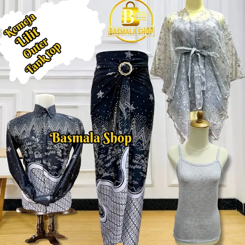 couplean satu set lengkap dengan kemeja lengan panjang atasan outer pita dan inner tank top serta bawahan lilit batik kekinian untuk acara kondangan wisudah dan lain nya 3
