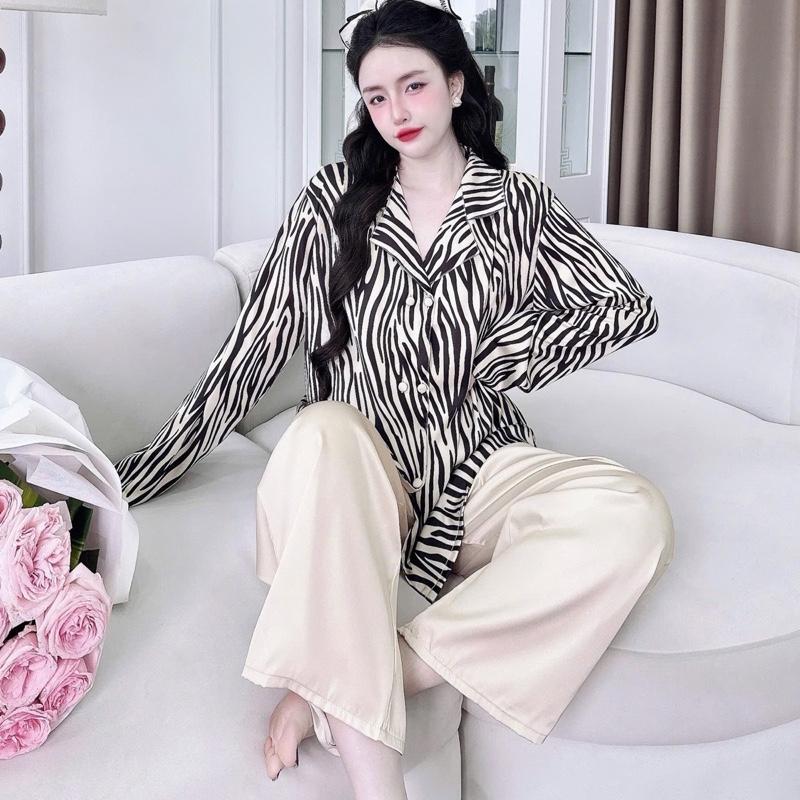 Bộ pijama lụa latin in hoạ tiết vằn quần màu kem sang trọng , tay ngắn , tay dài có bigsize 90kg