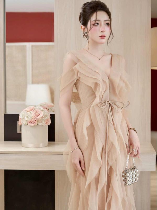  Váy nude lưới tua rua K811 - Thiết kế nữ tính may kỹ form chuẩn tôn dáng chất lượng cao váy đi dự tiệc đám cưới 